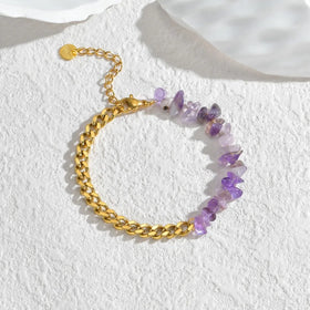 Energy Raw Stone Beaded Bracelet Gold Plated Chain Natural Purple Crystal Superior Quality Amethyst Stainless Steel Bracelet