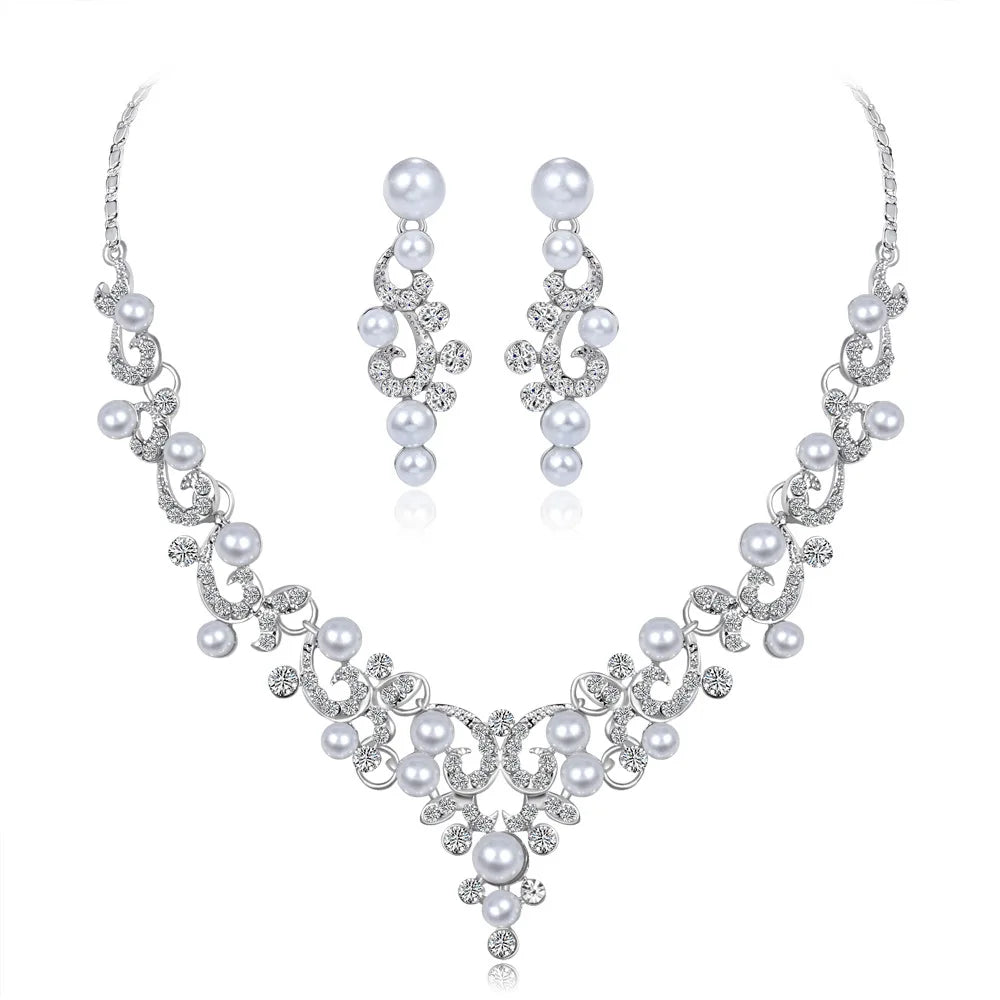 European Pearl Rhinestone Custom Crystal Pearl Wedding Necklaces Earring Fashion Fine Jewelry Bridal Necklace Sets for Women