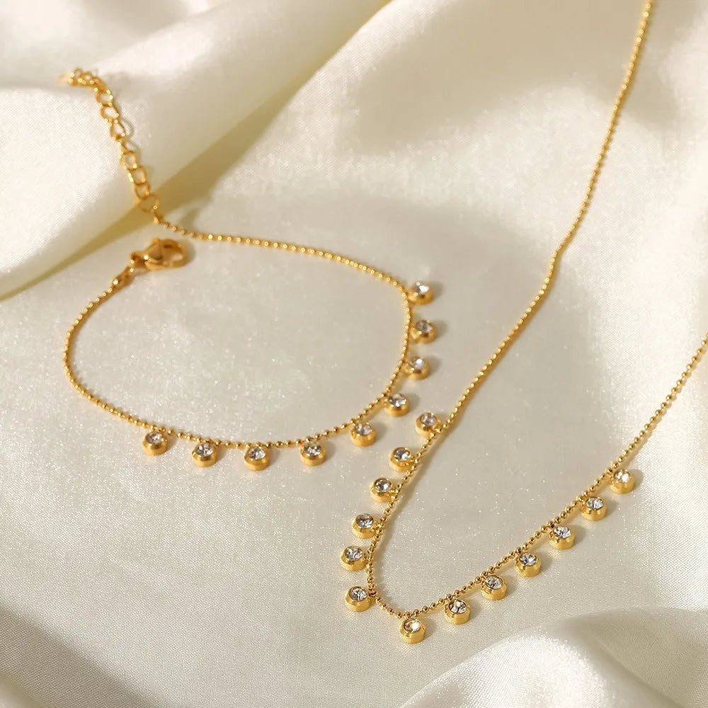 New Trend Clear Zircon Charms Choker Stainless Steel 18K Gold Plated Bead Chain Round Zircons Necklace