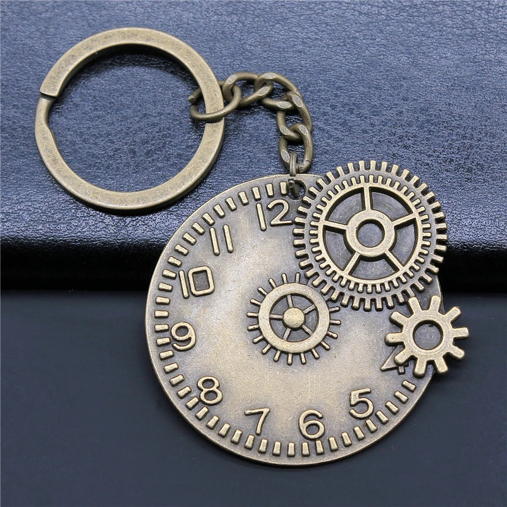 WYSIWYG 45x42mm Antique Bronze Plated Zinc Alloy Gear Clock Key Chain for Gift P1-ABD-C11756