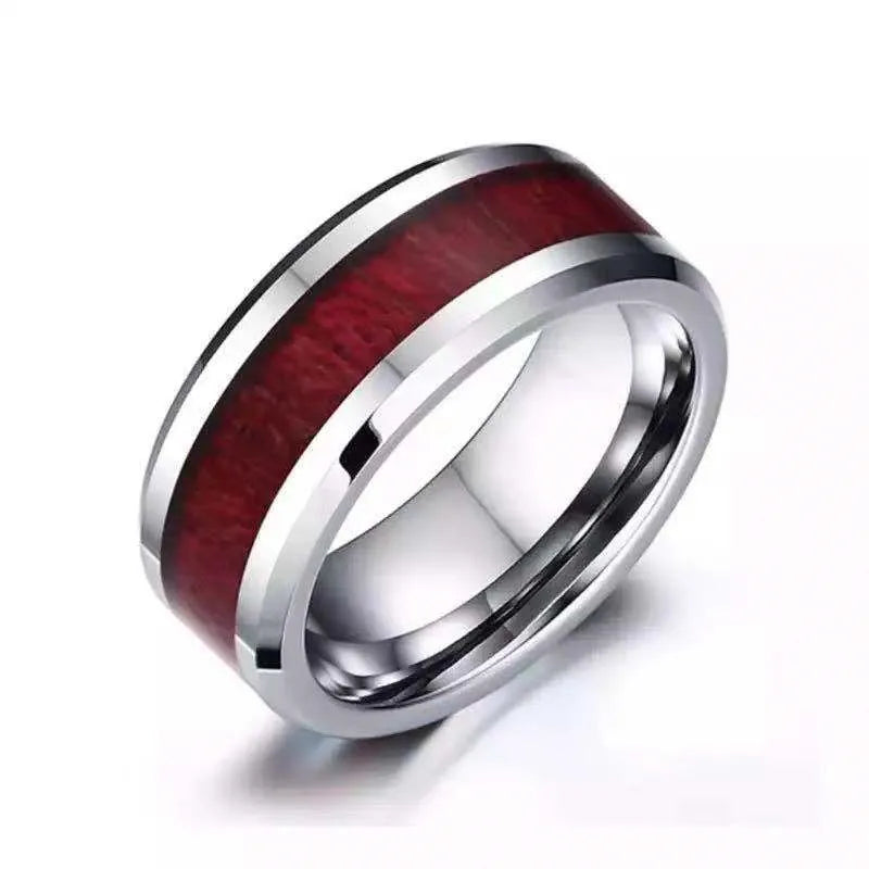 Wholesale Jewelry Ring Simple New Design Wood Ring Silver Background Red Wood Grain High Quality Stainless Steel Men's Ring