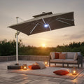 Modern Large Garden Cantilever Sunshade Umbrella LED Solar Power Aluminum Alloy Frame Marble Stone Base for Patio Courtyard