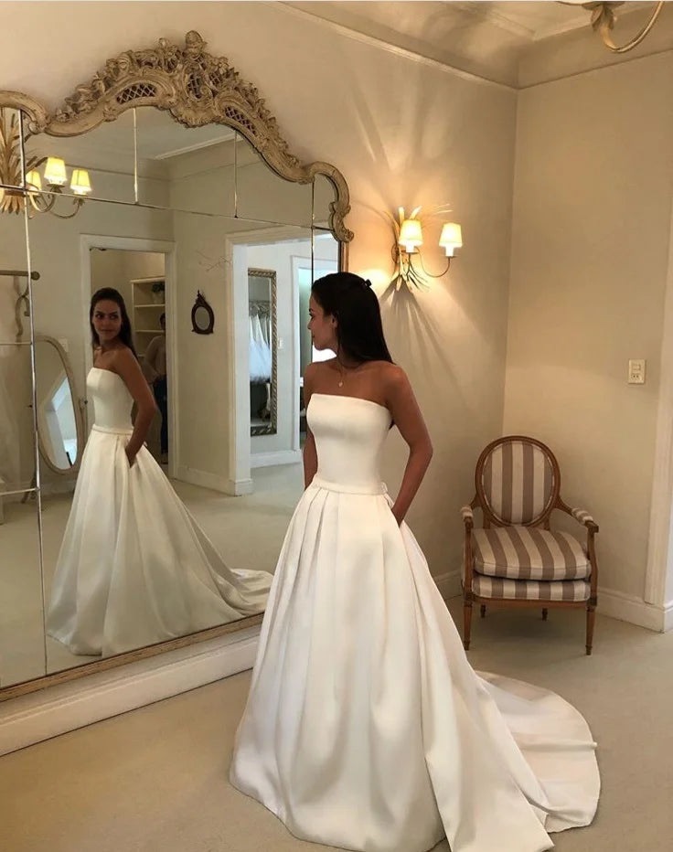Elegant Satin Fabric Sweetheart a Line Bridal Gowns Noble Pleating Zipper Back Wedding Dress 2020 Vestido De Novia