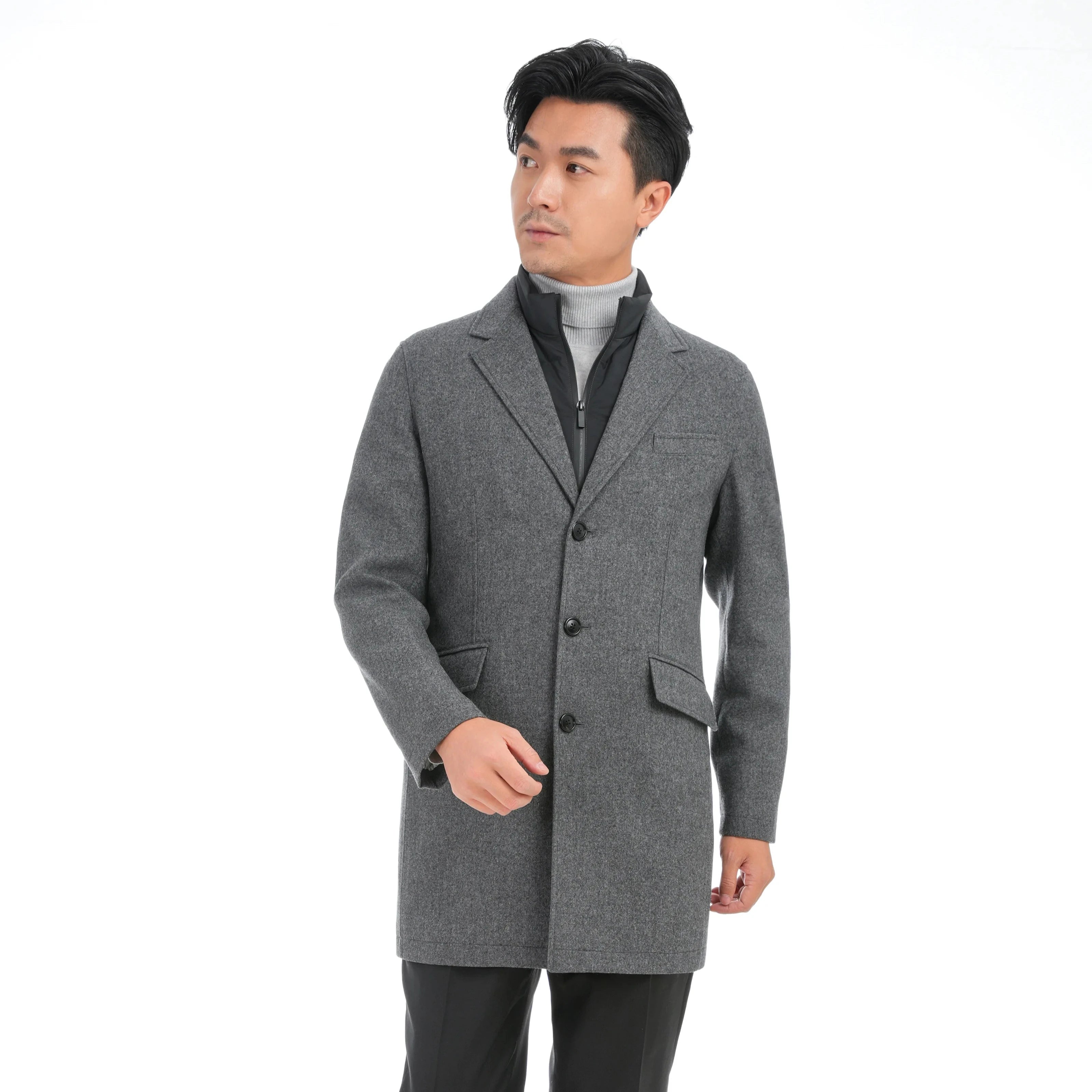 2023 Bosha MTM Custom Men's Woolen Trench Overcoat Dark Gray Single Breasted Closure Turn-Down Collar Buttons Customizable Long