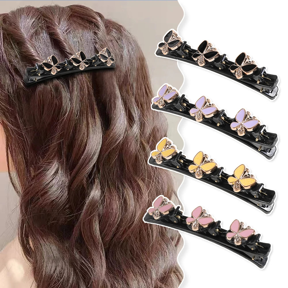 Sparkling Butterfly Crystal Hair Barrettes Braided Hairpins with 3 Small Clips Duckbill Design for Girls