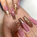 Wholesale Coffin Salon Fake Nails Artificial French Long Gold Glitter Powder Ballerina Press on Nails with Finger