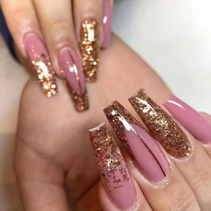 Wholesale Coffin Salon Fake Nails Artificial French Long Gold Glitter Powder Ballerina Press on Nails with Finger