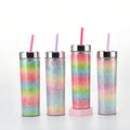 16oz gradient colorful acrylic plastic water bottle double wall straight glitter tumbler with lid and straw tumbler cups in bulk