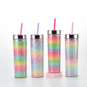 16oz gradient colorful acrylic plastic water bottle double wall straight glitter tumbler with lid and straw tumbler cups in bulk