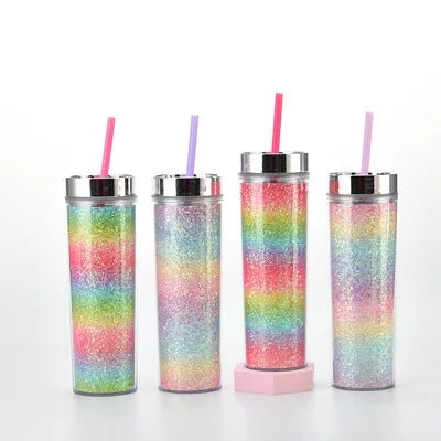 16oz gradient colorful acrylic plastic water bottle double wall straight glitter tumbler with lid and straw tumbler cups in bulk
