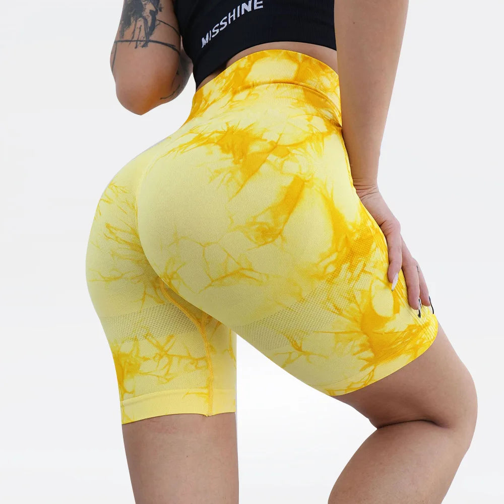 Women's Tie Dye Marble Print Stretchy Breathable Fabric Biker Shorts High Waist Butt Lifting Workout Running Shorts