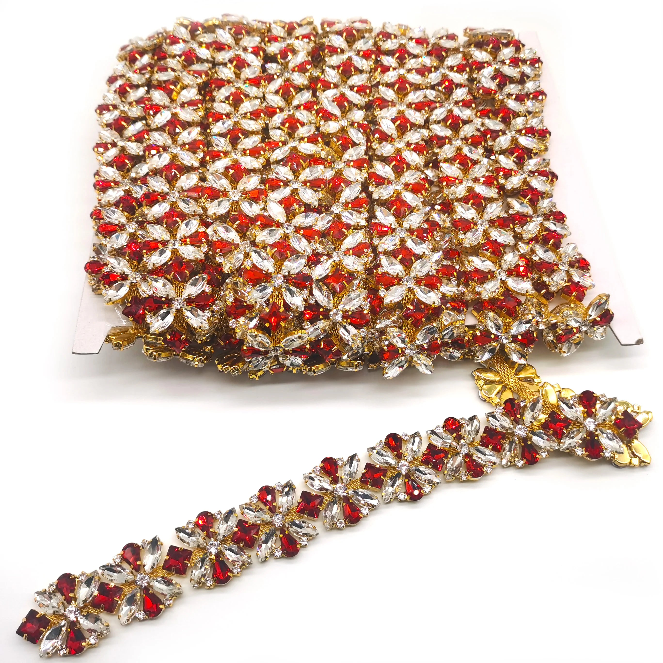 Customized Gold Metal Red Color Rhinestone Fringe Trim Sewing Rhinestone Trimming Chain for Carnival Feather Costumes Creation