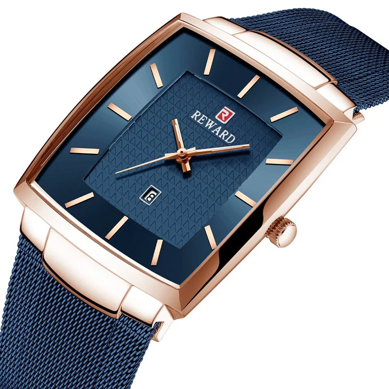 RD62009M Silver Luxury Mens Watch Reward Waterproof Men Style Watches Rectangle Stainless Steel Band Quartz Wristwatch