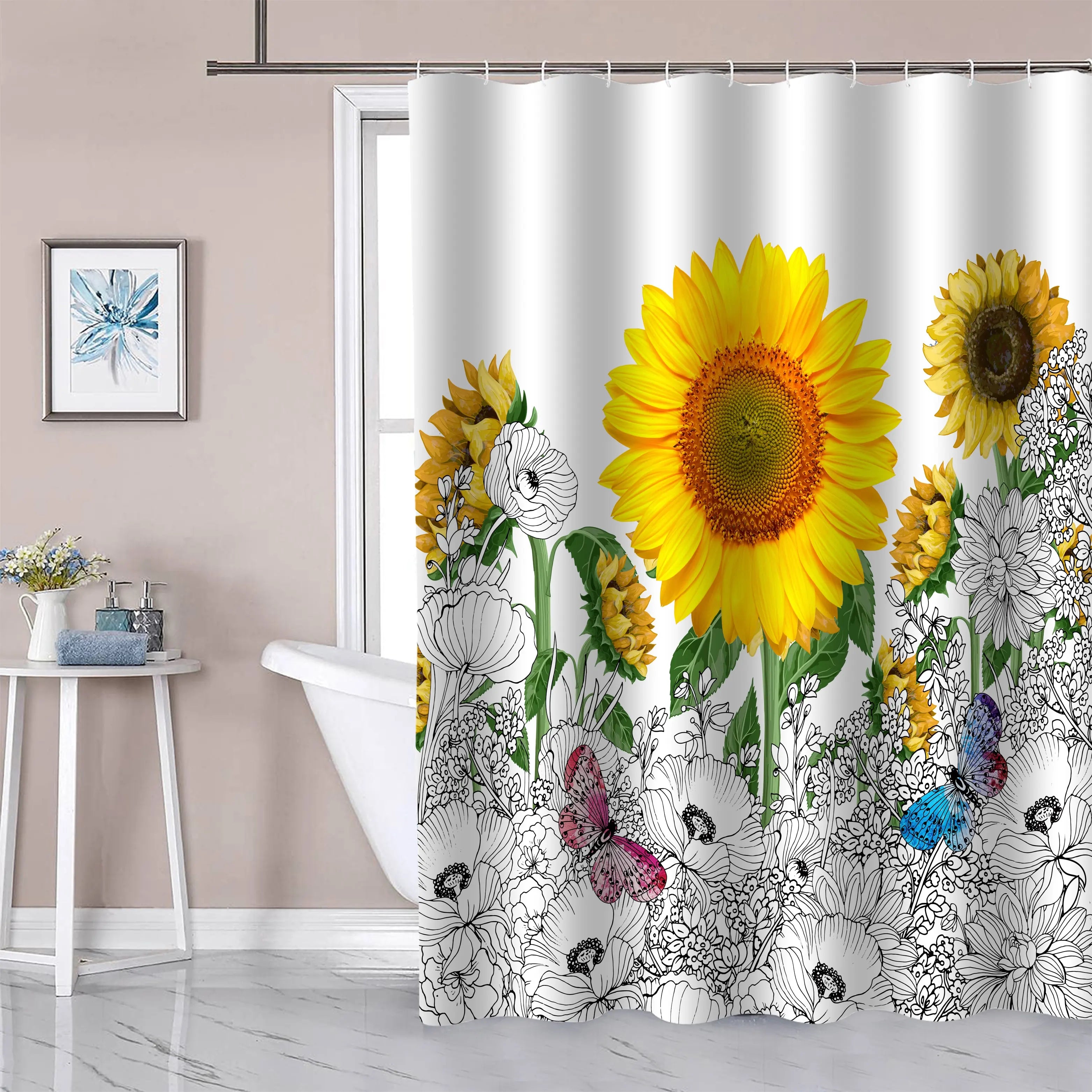 Modern 3D Floral Sunflower Leaves Eco-Friendly Durable Water Resistant Digital Printed Fabric Polyester Shower Curtain Set