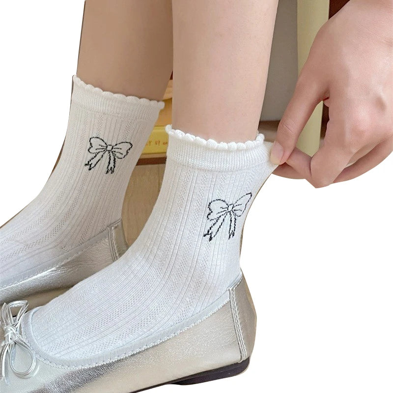 Summer Spring Bow Lace Ribbed Cotton Embroidery Socks