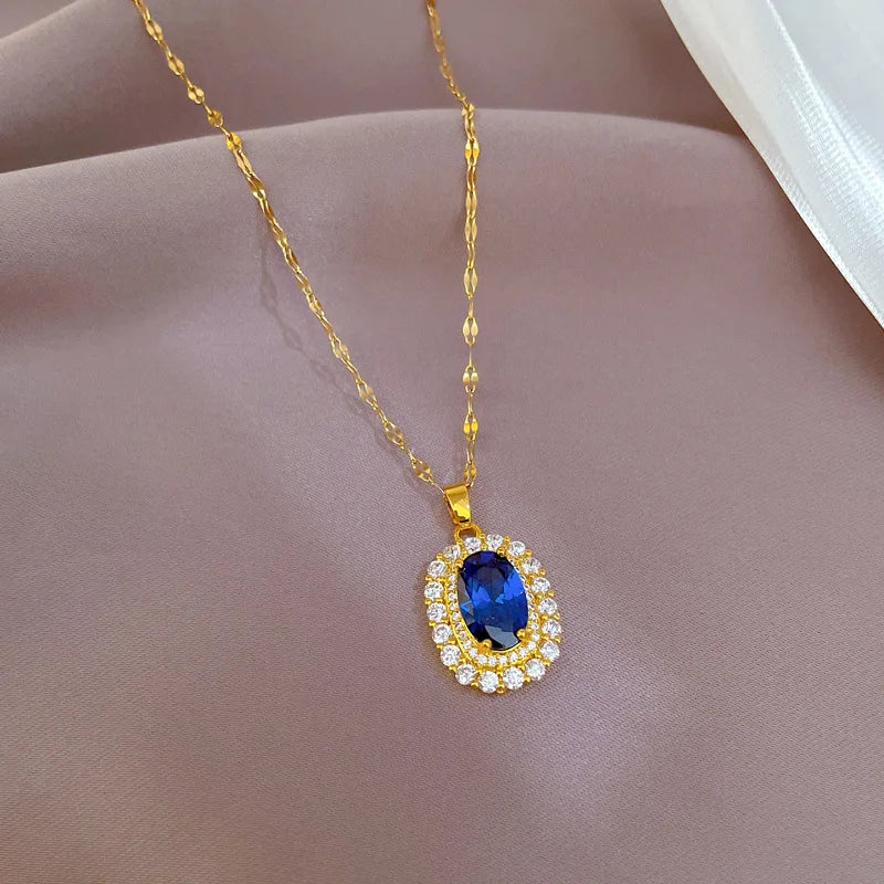 New Light Luxury 18K Gold Plated Necklace Blue Zircon Necklace Stainless Steel Necklace