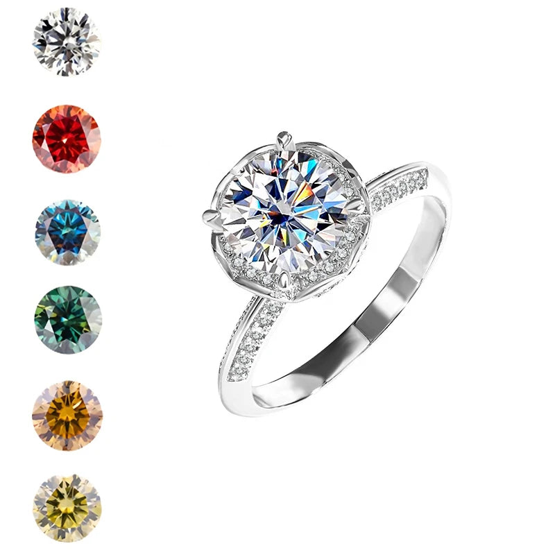 Fine Jewelry 925 Sterling Silver Flower Shape Base Designer Round Cut 2CT VVS1 GRA Multi Colored Moissanite Rings for Women