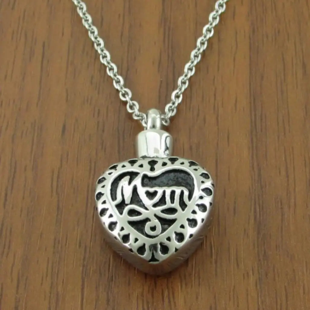 Mom Heart Urn Necklace Ashes Memorial Religious Cremation Stainless Steel Mama Pendant Keepsake Holder Container Flower MOM Jar