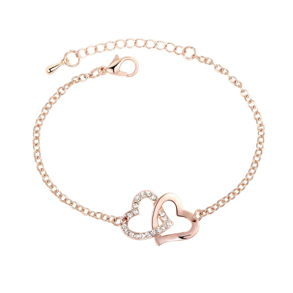 New Rose Gold Double Heart Crystal Alloy Bracelet