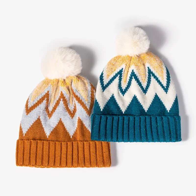 New Arrival Custom Beanie Hat Faux Fur Winter Beanies Outdoor Warm Knitted Jacquard Pom Pom Beanie Hat