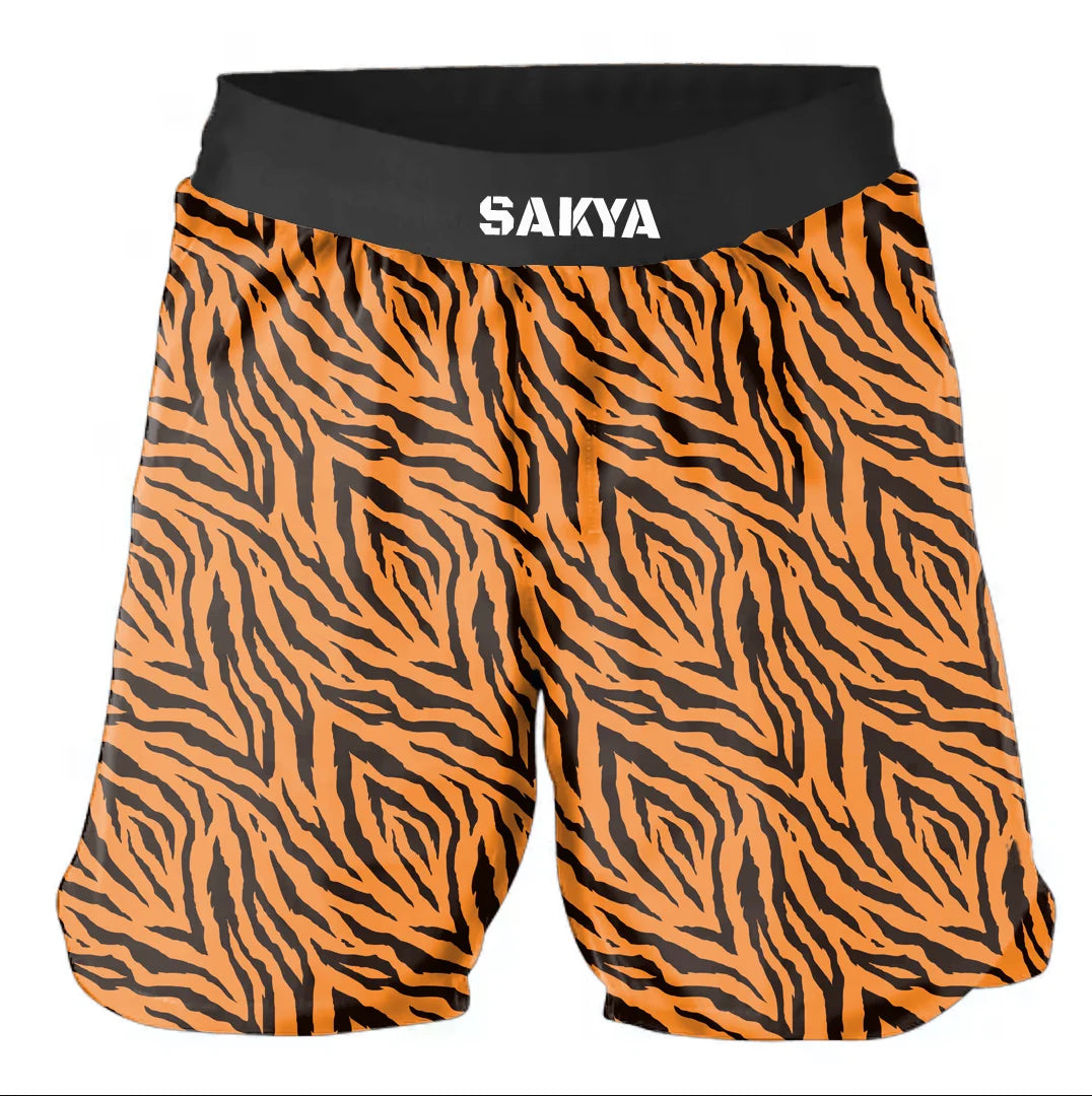 Rushguard Zebra Strips Camo Design 100% Polyester Unisex MMA Fight Shorts with Front Logo Digital Print