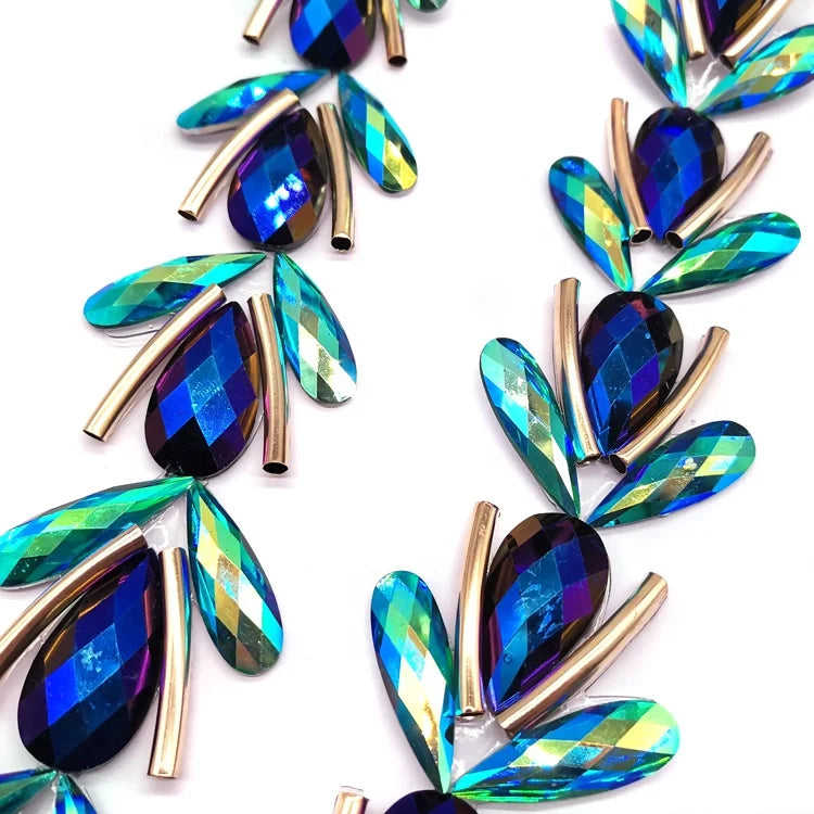 In Stock  Blue AB Water Drop Resin Iron-On Trim Hot Fix Rhinestone Trimming Appliques  for Garments Shoes Bags Diamond Decor