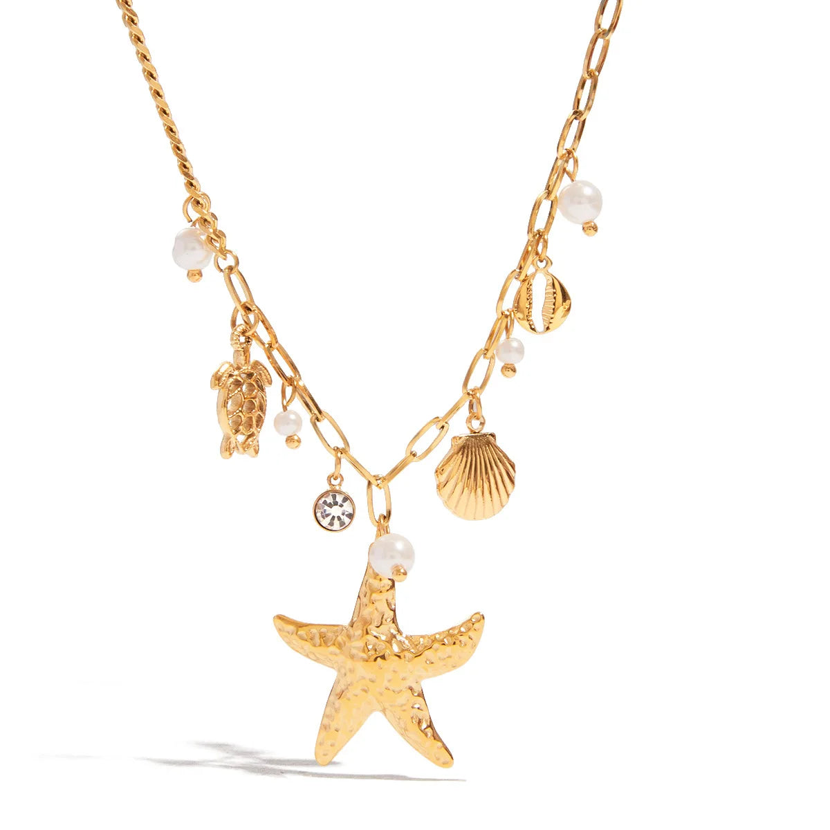N&S Ladies' Vintage Bohemia Vacation Wind Stainless Steel Shell Beads 18K Gold Plated Featuring Starfish Hollow Turtle Design