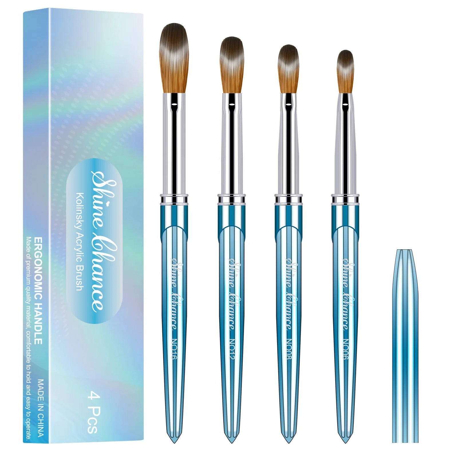 Shine Chance 4PCS Size 6# 8# 12# 16# Glacier Blue Professional Grade KOLINSKY Acrylic Nail Brush Set Metal Handle for Nail