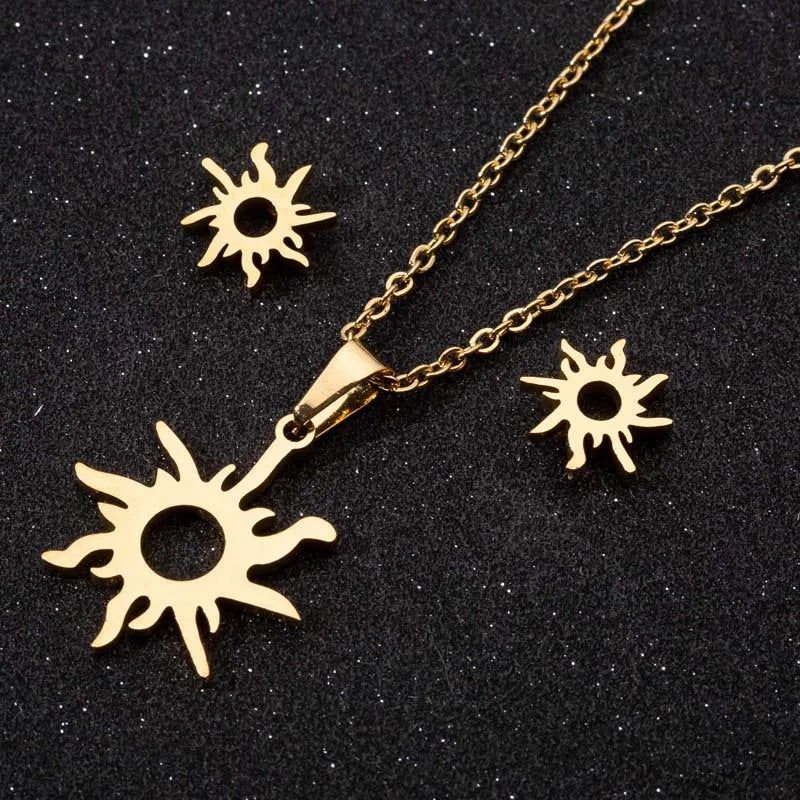 Non Tarnish 18K Gold Silver Plated Sun Shine Stainless Steel Sunshine Earring Necklace Jewelry Set for Ladies Women