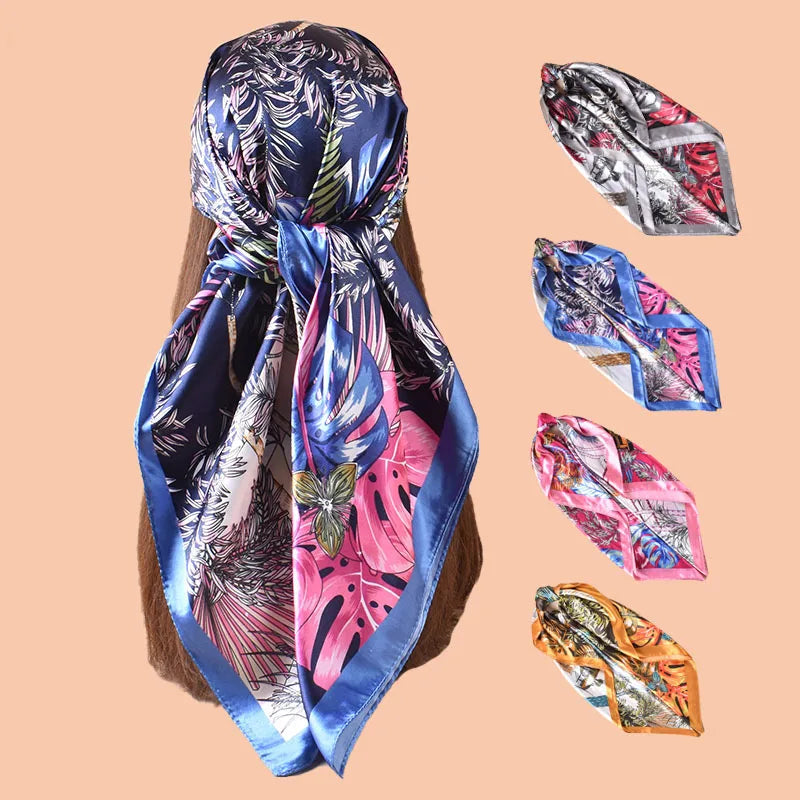 2025 New Customized Design 90*90 Silk Satin Square Scarf Plant Printed Shawl for Women and Men for Winter