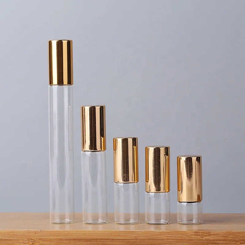 1ml 2ml 3ml 5ml 10ml Mini Travel Steel Roller Ball Cylinder Shape Glass Perfume Essential Oil Clear Bottle with Aluminium Cap