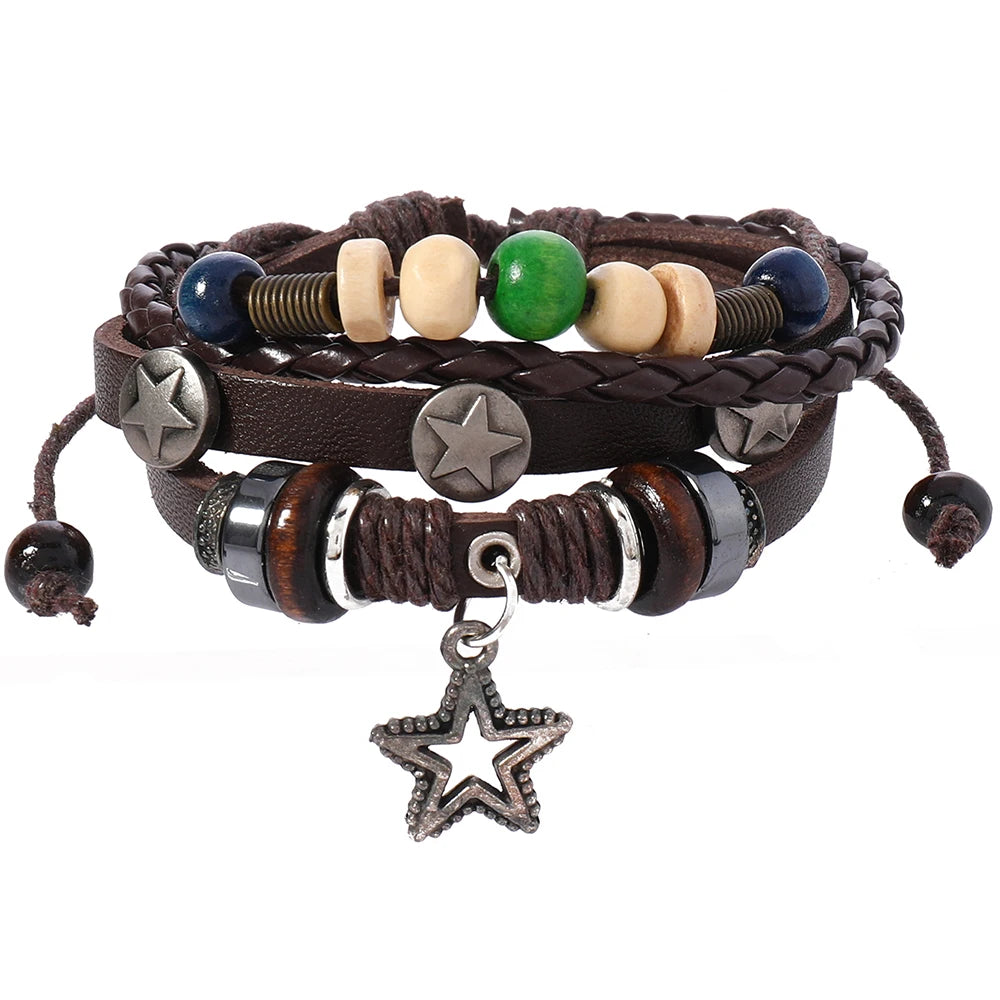 Wholesale Trendy Leather Bracelets for Men and Women Fashion Star Pendant Charm Jewelry