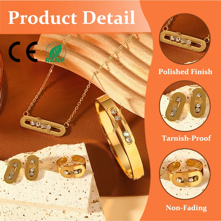 CEROHS Custom Fashion Stainless Steel Green Red Ring CZ Simple Paper Clip Pendants Necklace Bangle Jewelry Set for Women