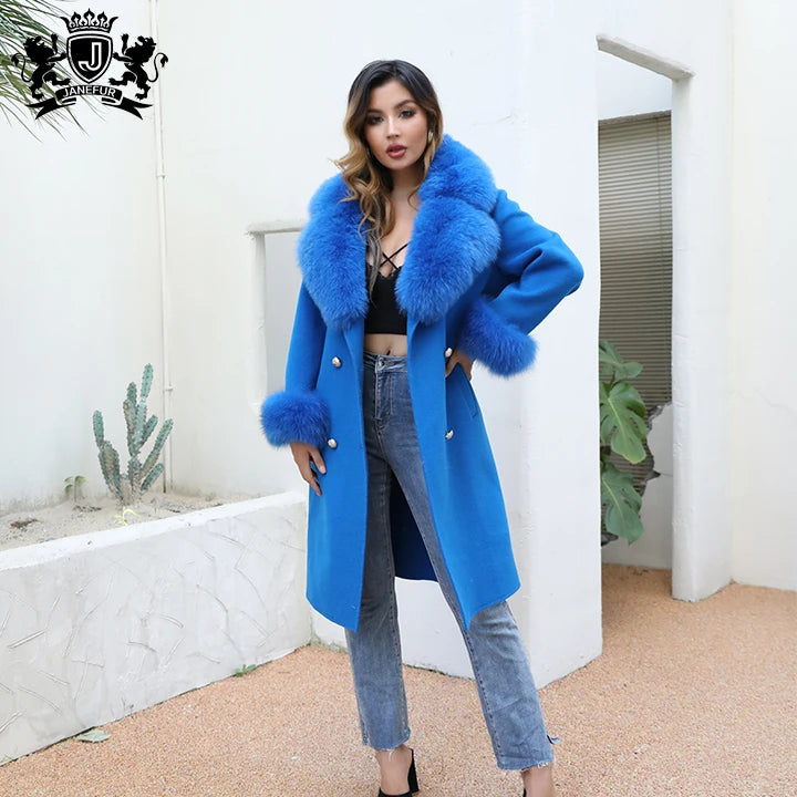 New Design Fur Detachable Women Cashmere Wool Trench Coat Fashion Woolen Long Coats With Fox Fur Collar