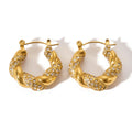 Retro Luxury Trendy 18K Stainless Steel Gold Plated Geometric Twisted White Cubic Zirconia Hoop Earrings Hypoallergenic for