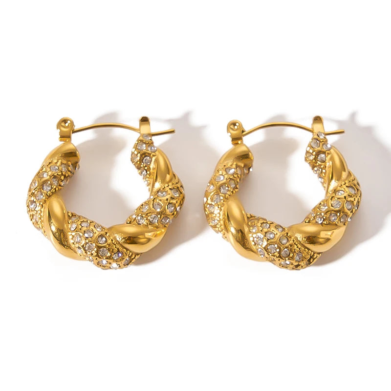 Retro Luxury Trendy 18K Stainless Steel Gold Plated Geometric Twisted White Cubic Zirconia Hoop Earrings Hypoallergenic for