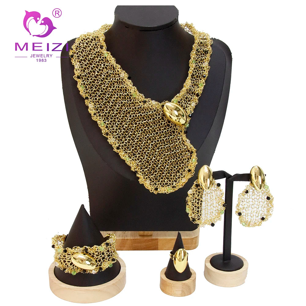 MEIZI JEWELRY 24K Gold Color Environmental Copper Bride  4-pieces Luxury Jewelry Set African Jewelry