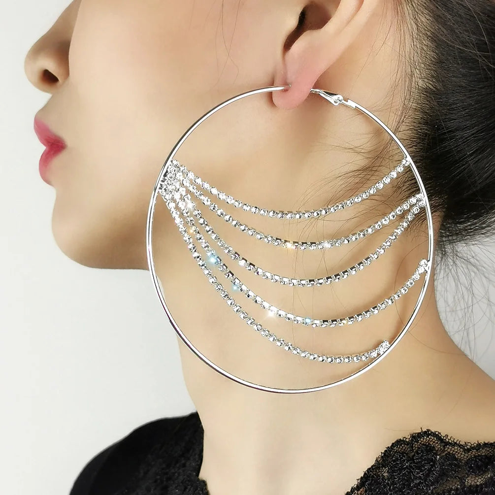 Simple Gold Silver Plated 10cm Metal Round Hoop Earrings Bling Cut Diamond Rhinestone Crystal Hoop Earring