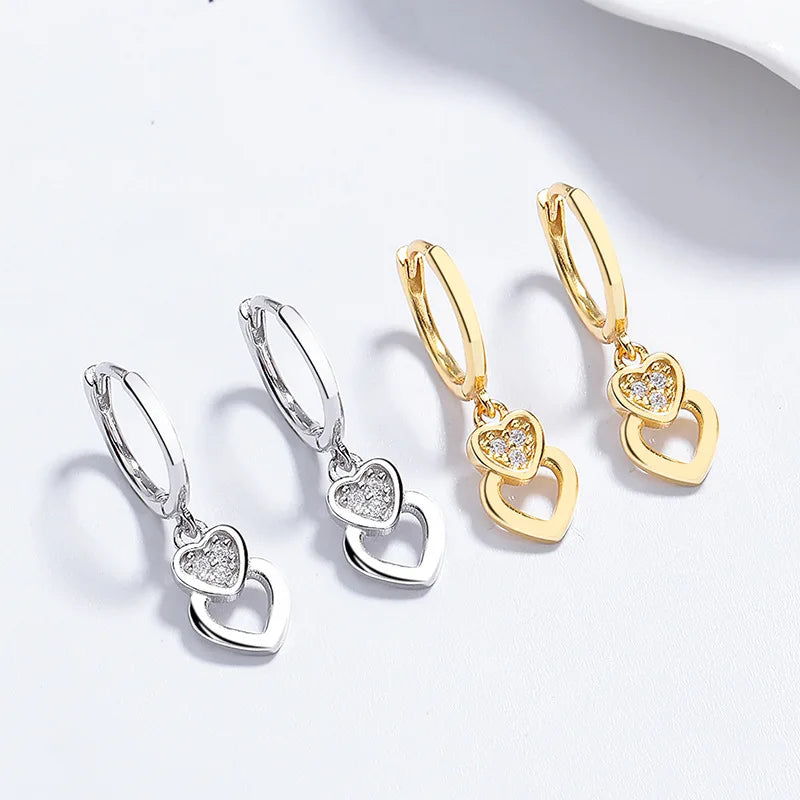 Fashion Earrings Jewelry 925 Sterling Silver Earrings Double Two Hearts Diamond Gold Plated Hoop Earrings Women Valentine's Day