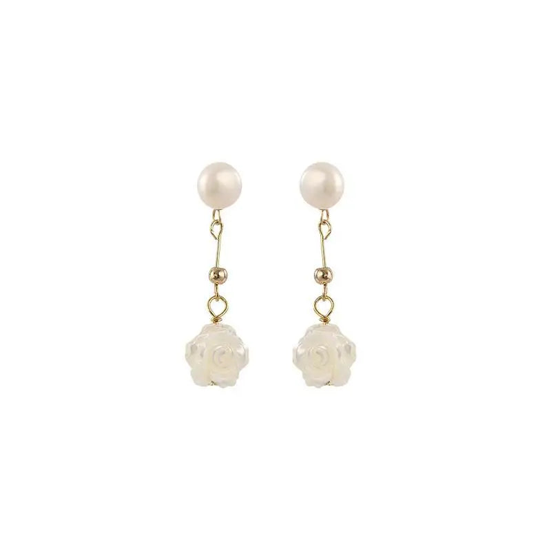 White Camellia Design Earrings Luxury Mother of Pearl Shell Flower Freshwater Pearls Pendant Dangle Earrings
