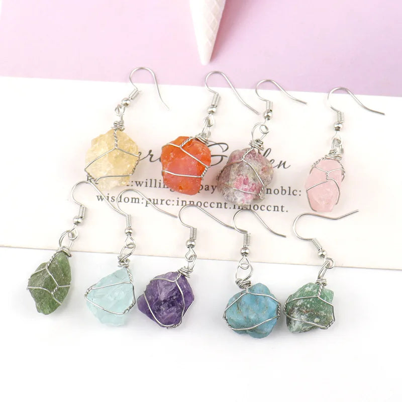 Wholesale Natural Crystal Stone Wire Wrapped Eardrop Amethyst Citrine Earrings for Women Jewelry Crystal Earrings