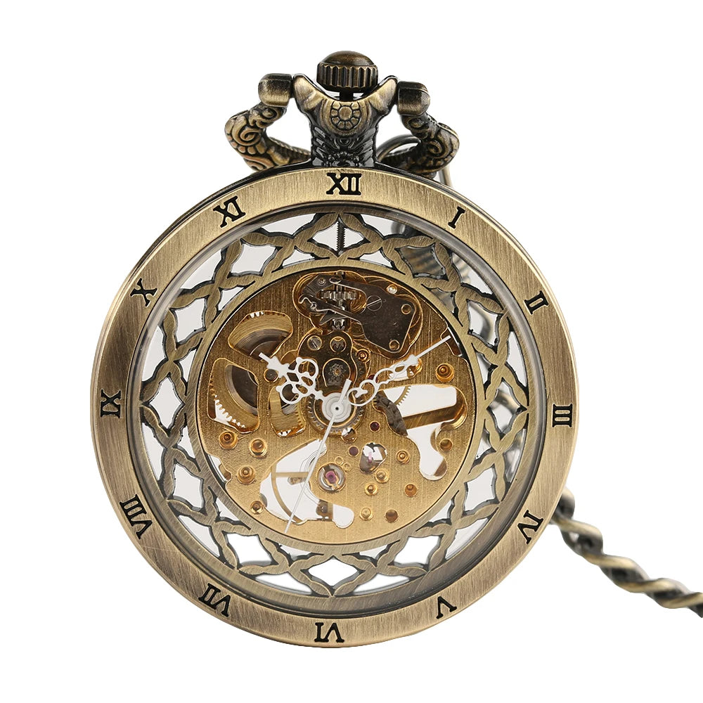 Transparent Open Face Hand Winding Skeleton Vintage Mechanical Pocket Watch Vintage Bronze Old Watch for Male Gift Souvenir