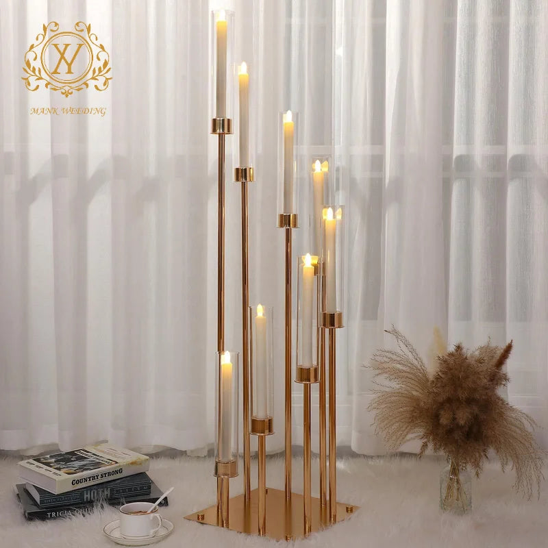 Wedding Supplies 8 Arms Gold Plated Candle Holders Metal Road Light Stand High Hurricane Candlestick for Wedding Centerpieces