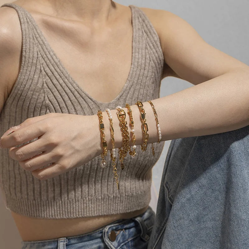 INS Style Stainless Steel Gold Plated Natural Freshwater Pearl Stackable Waterproof Jewelry Bangle Bracelet for Women