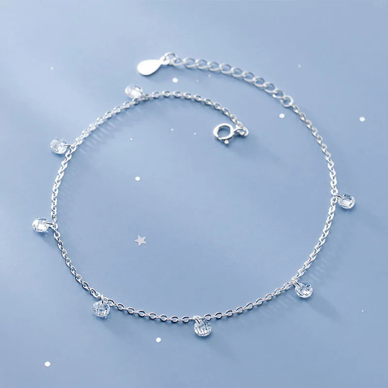 Simple 925 Sterling Silver ZIrcon Beads Anklets for Women Summer Foot Jewelry