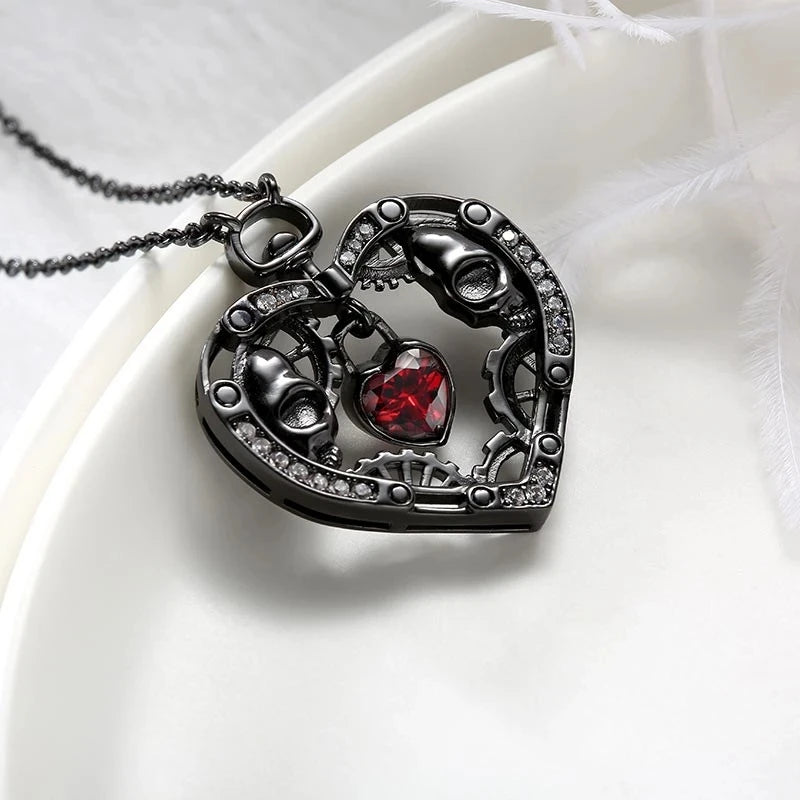 Fashion Goth Skull Punk Black Heart Pendant Necklace Crystal Stone Necklace Crystal Heart Necklace for Women