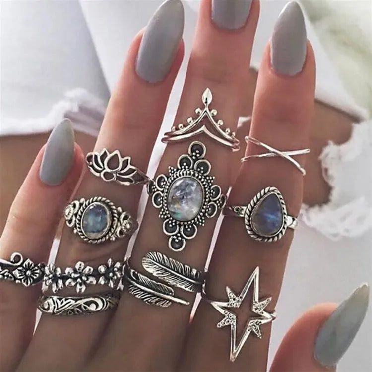 Retro  Feather Starry  Gemstone  Butterfly 11 Pcs Adjustable Ring Set Women Jewelry
