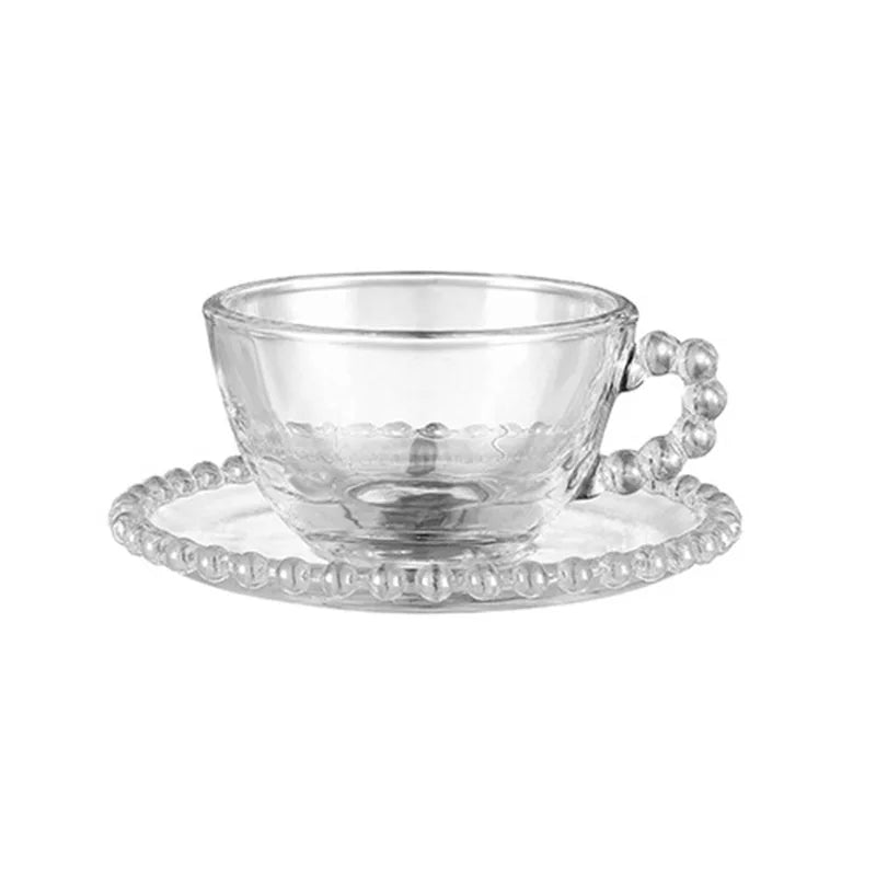 Transparent Creative Glass Cup with Bead Handle Simple Light Luxury Coffee Cup and Saucer