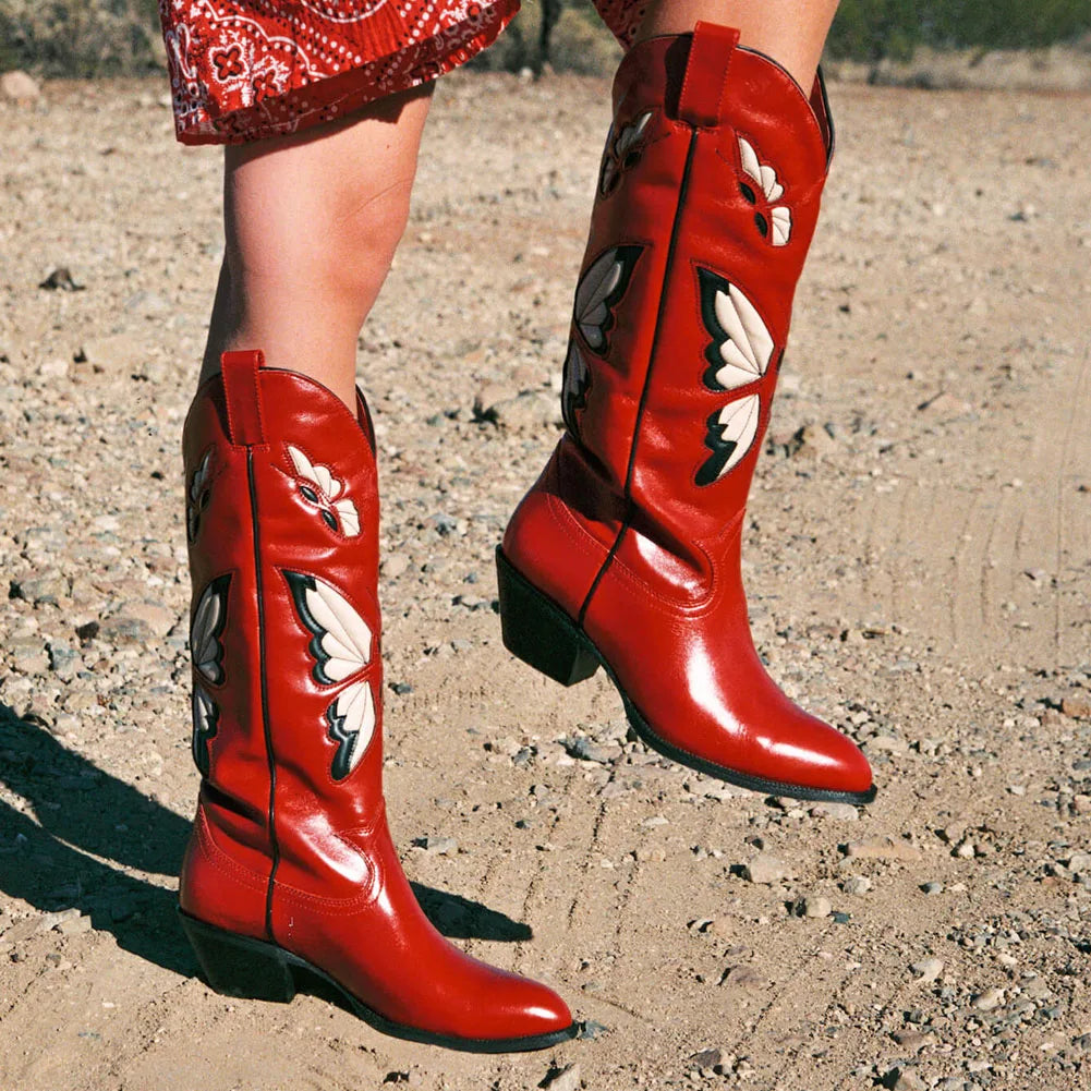 BUSY GIRL KK4031 Butterfly Embroidered Women's Boots 2024 Fashion Mid Heels Size 48 Pointed Toe Knee High Cowboy Boots for Wome