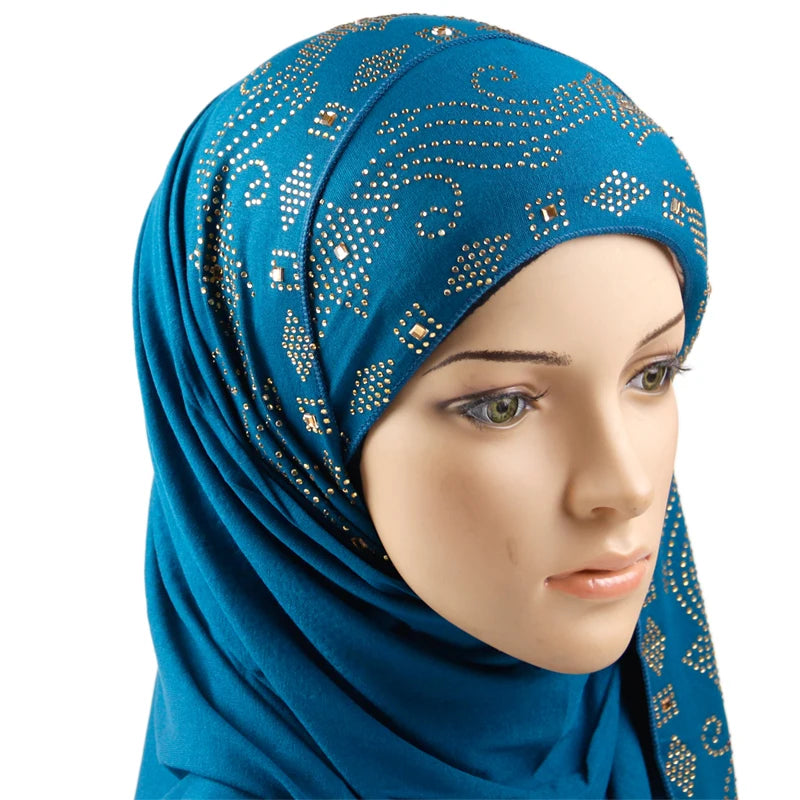 Top Seller Thin Stripe Women Dubai Rhinestone Scarf Shawl Arab Muslim Jersey Hijab With Stone
